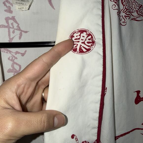 BedHead Egyptian Cotton Kimono Robe S/M White Red Japanese Print Geishas Dragons - Picture 9 of 10